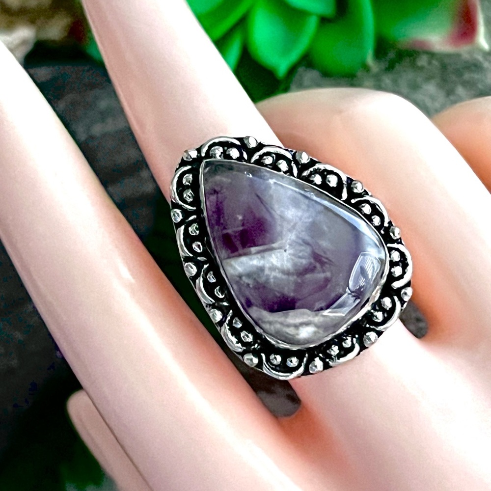 Teardrop Natural Chevron Amethyst Sterling Silver Ring Sz 8.5